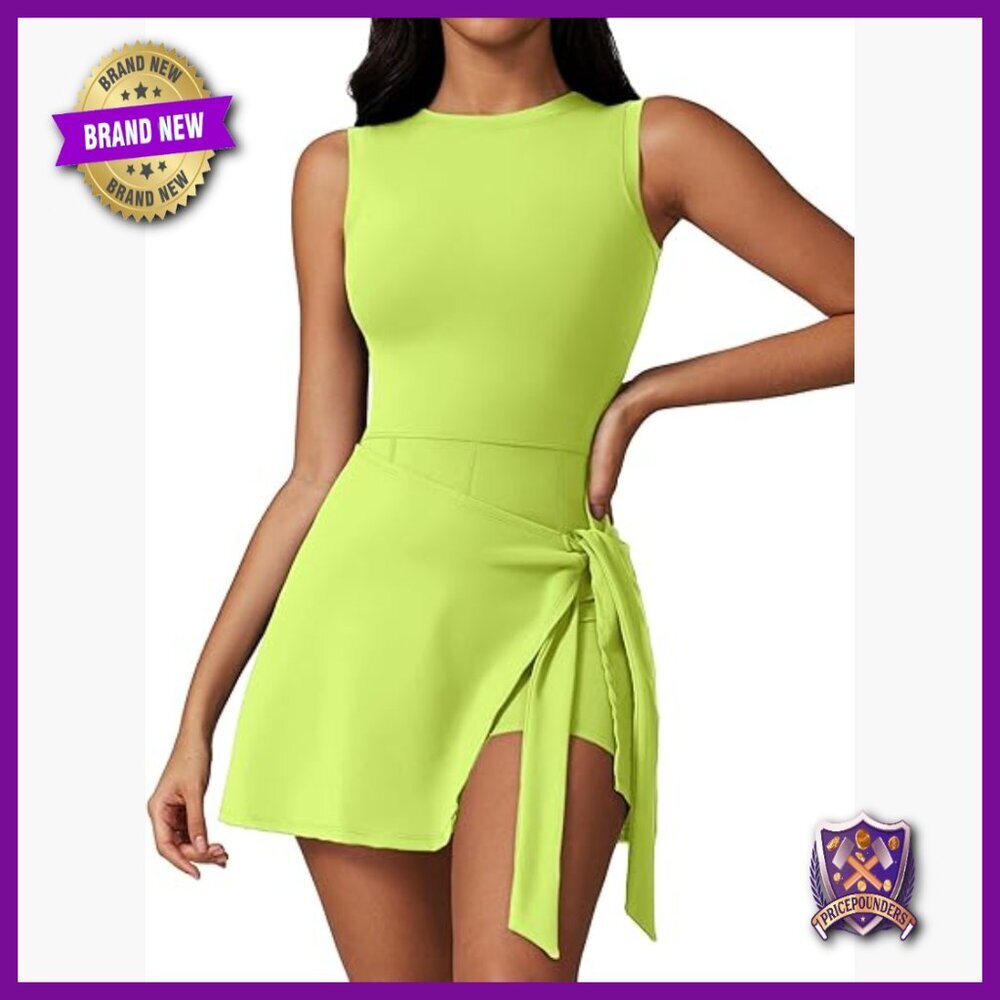 Sleeveless Active Dress with Detachable Pads Built-in Shorts Side Pockets